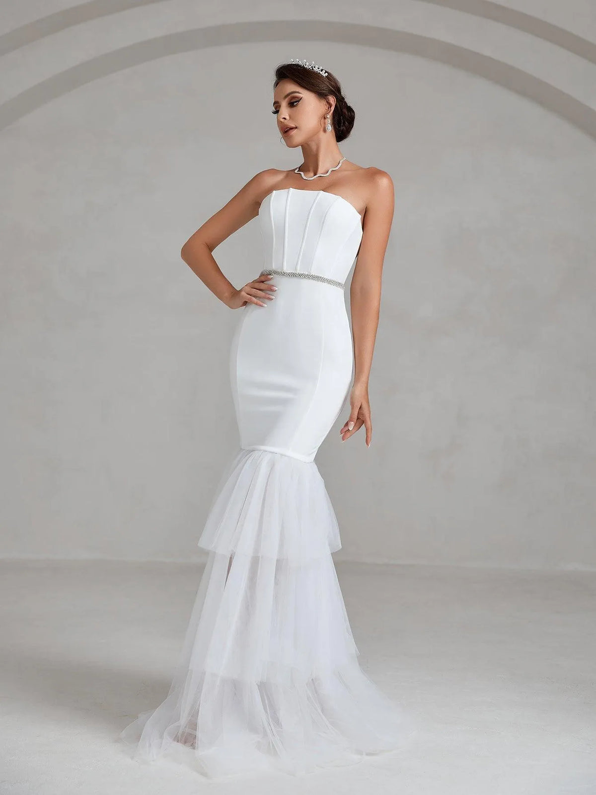 Rhinestone Detail Layered Mesh Hem Tube Wedding Dress - Elonnashop