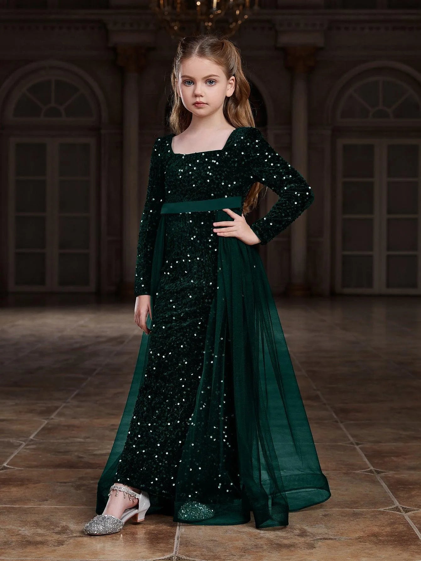 Tween Girls' Square Collar Long Sleeves Sequin Mermaid Dress - Elonnashop