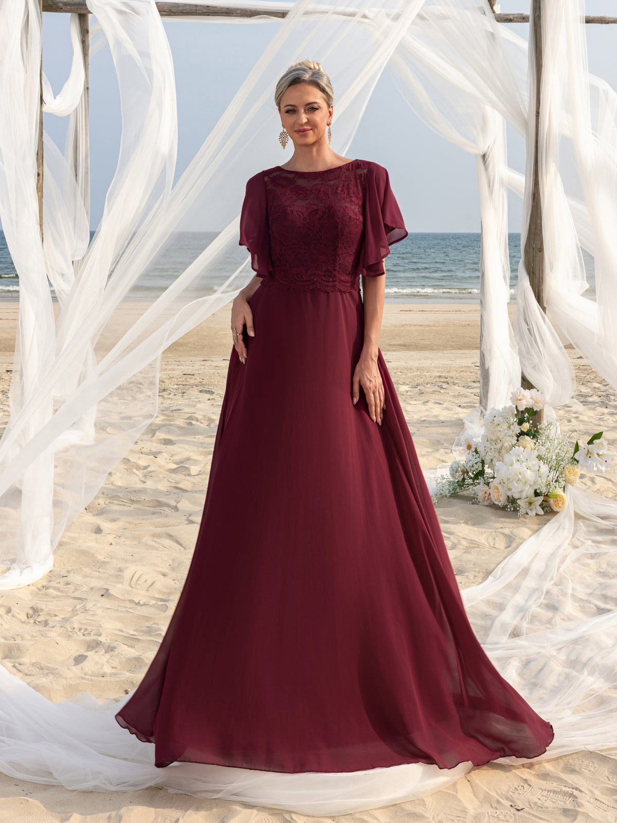 Womens' ELegant Mother-of-the-Bride Gown: Lace Bodice with Chiffon Ruffled Sleeves – Elegant Beach Wedding Formal Dress