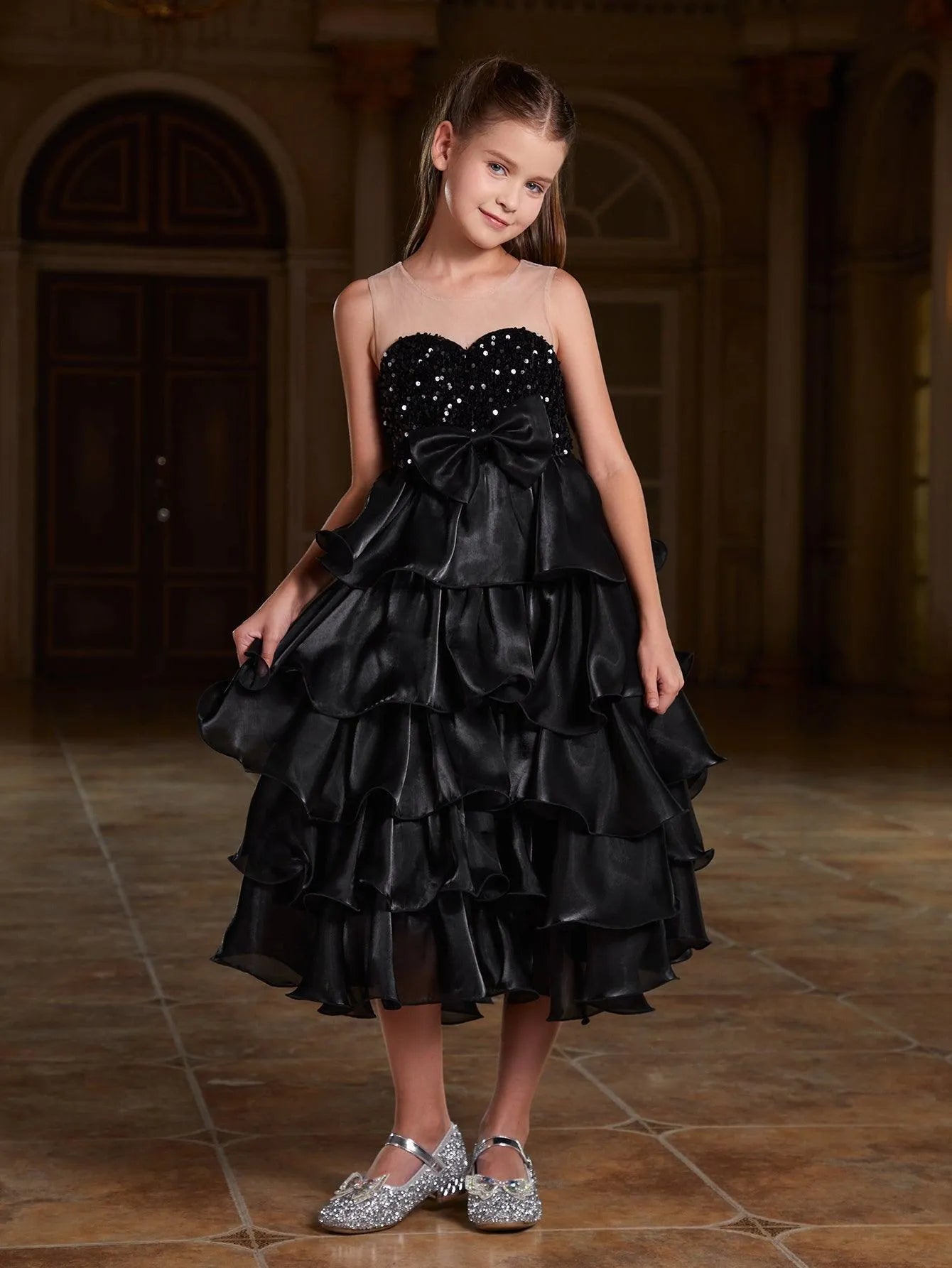 Tween Girls' Sequin Contrast Layered Organza Dress - Elonnashop