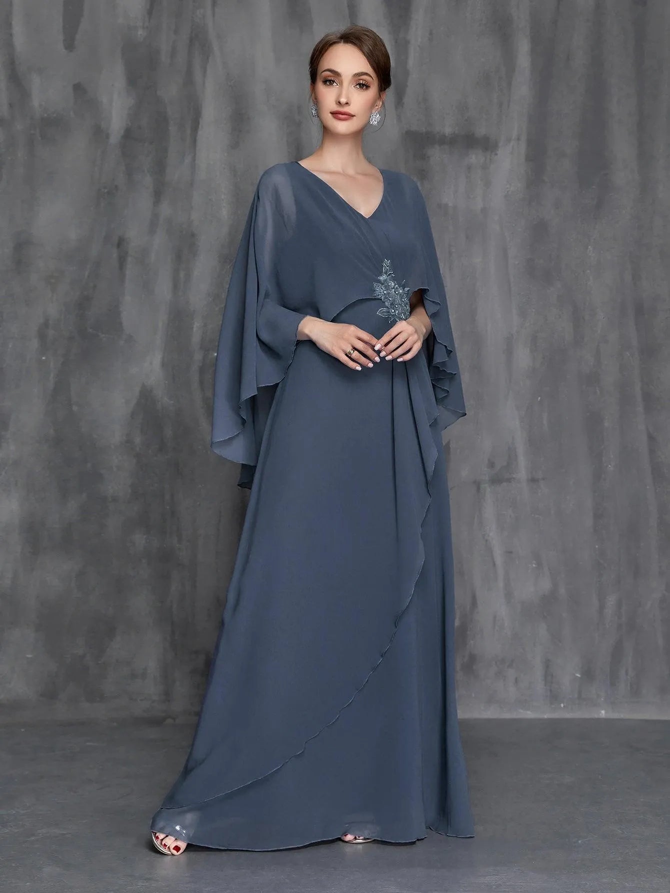 Womens' Applique Detail Chiffon Cape Dress - Elonnashop