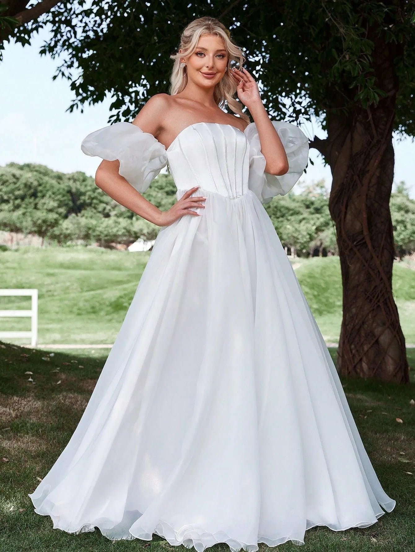 Satin Bodice Contrast Organza Tube Wedding Dress - Elonnashop