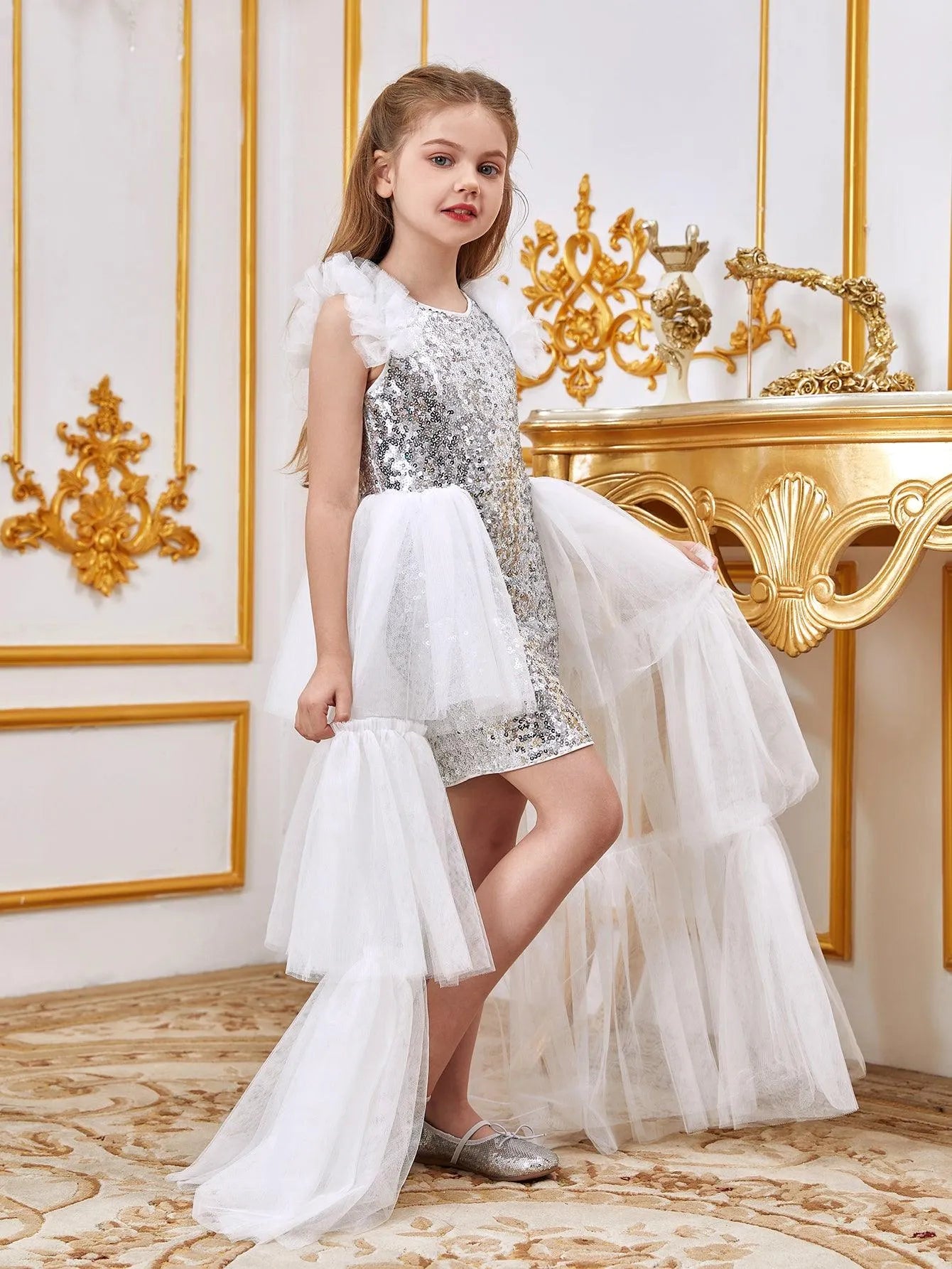 Tween Girls' Sleeveless Mesh Layered Hem Sequin Party Dress - Elonnashop