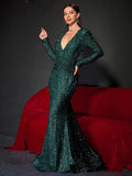 Plunging Neck Long Sleeve Sequin Mermaid Dresses - Elonnashop