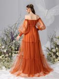 Maternity Off Shoulder Bishop Sleeves Layered Tulle Photography Dress