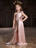 Tween Girls' One Shoulder Satin Overlay Sequin Jumpsuit - Elonnashop