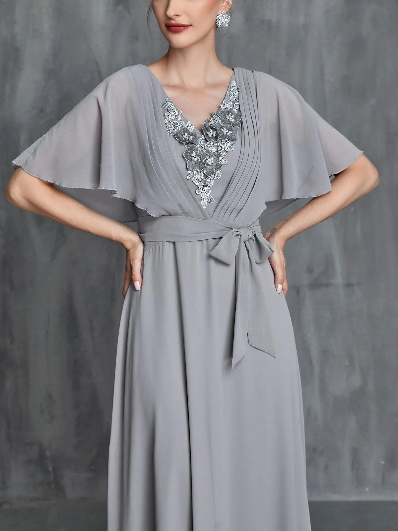 Womens' Applique Detail Butterfly Sleeves Chiffon Belted Dress - Elonnashop