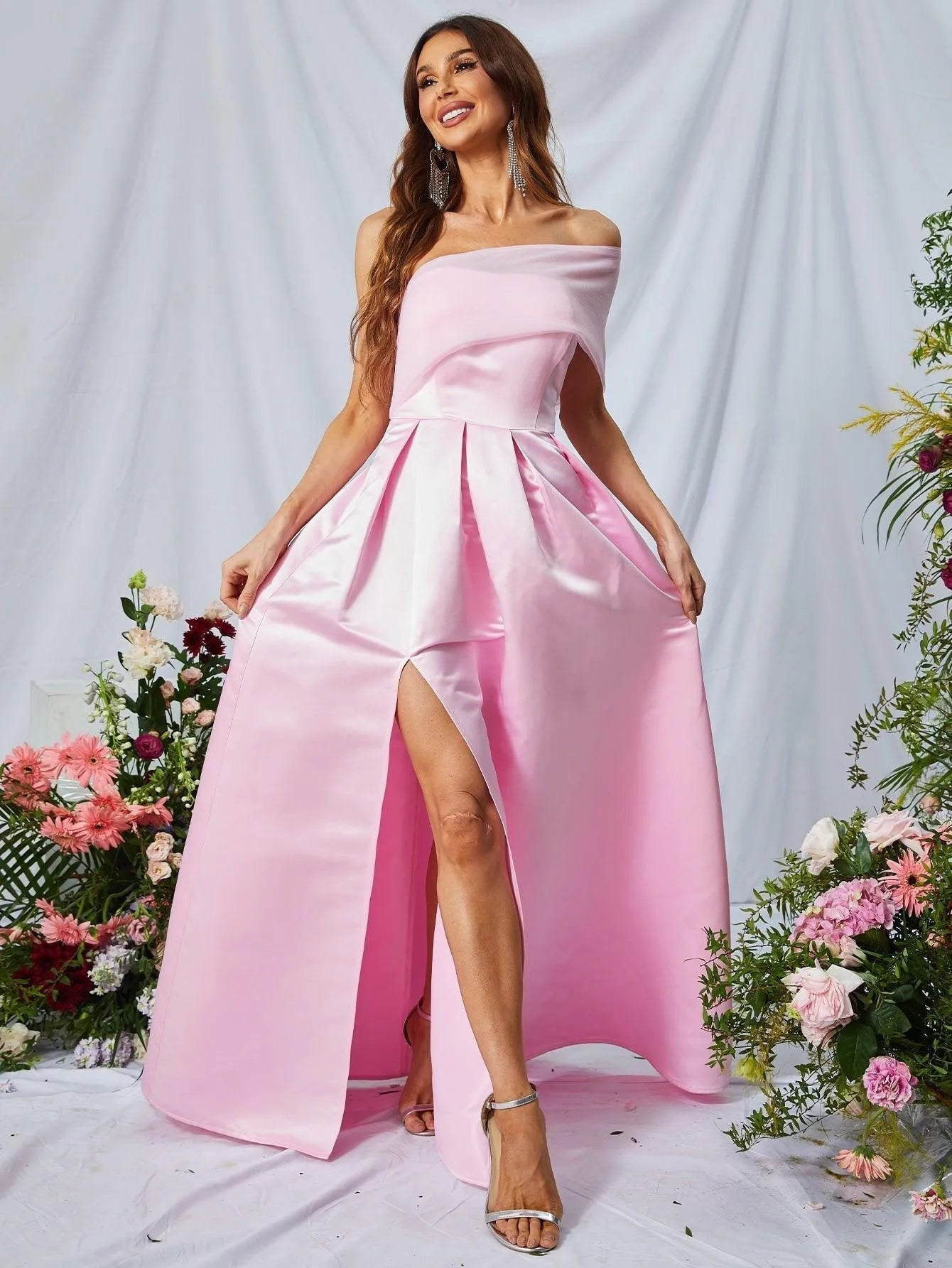 One Shoulder Slit Satin A Line Prom Dress - Elonnashop