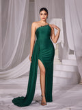 One Shoulder Split Thigh Satin Mermaid Dress - Elonnashop