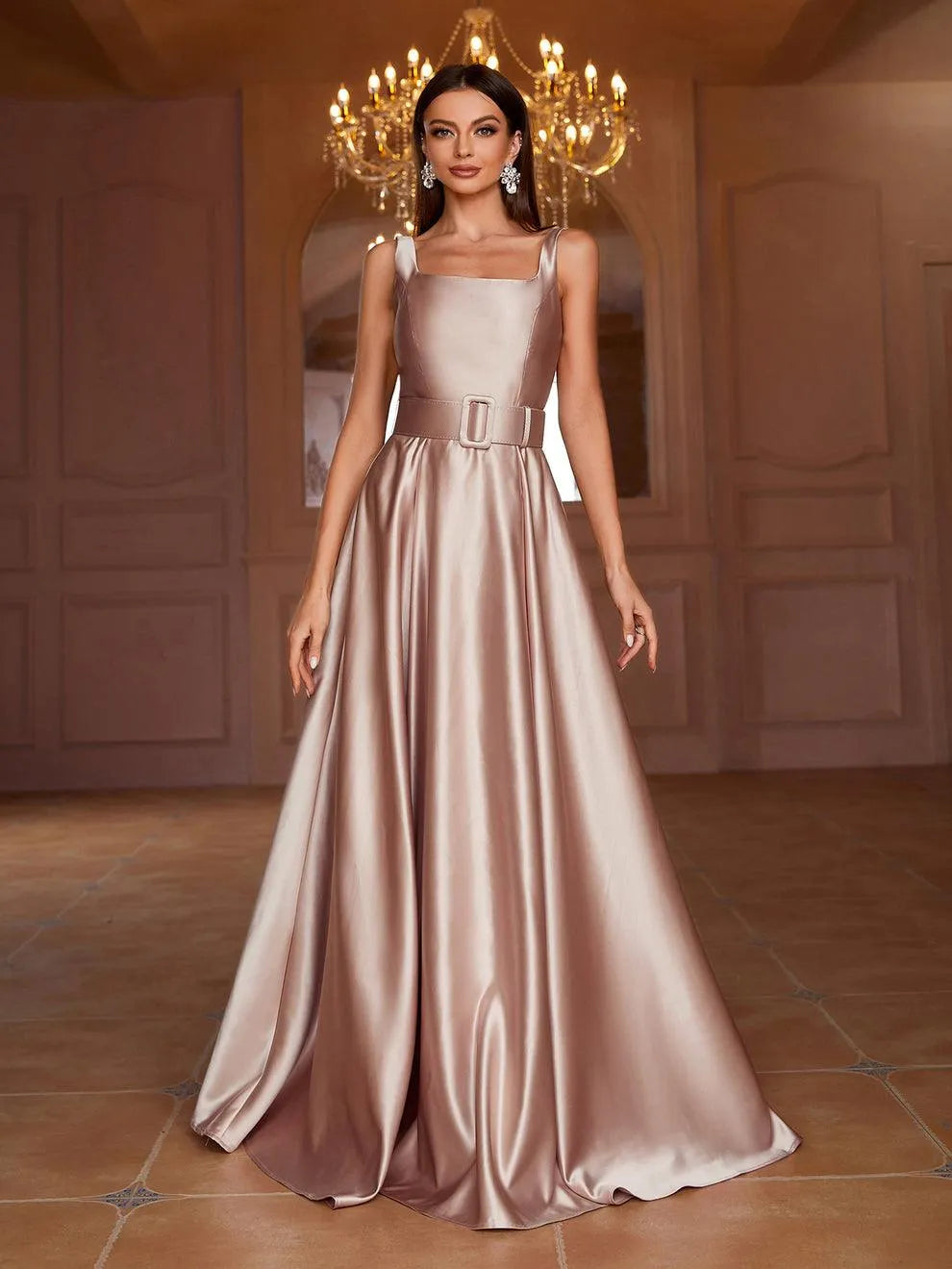 Square Collar Sleeveless Belt Satin Prom Dress - Elonnashop