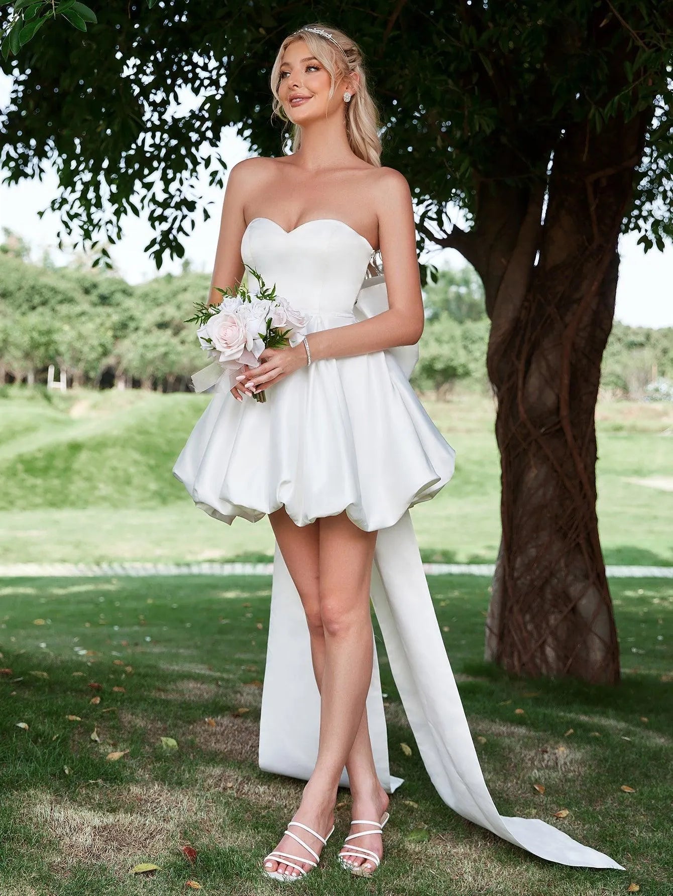 Balloon Hem Satin Tube Wedding Dress With Big Bow - Elonnashop