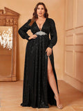 Plus Rhinestone Decor Plunging Neck Sequin Slit Dress - Elonnashop