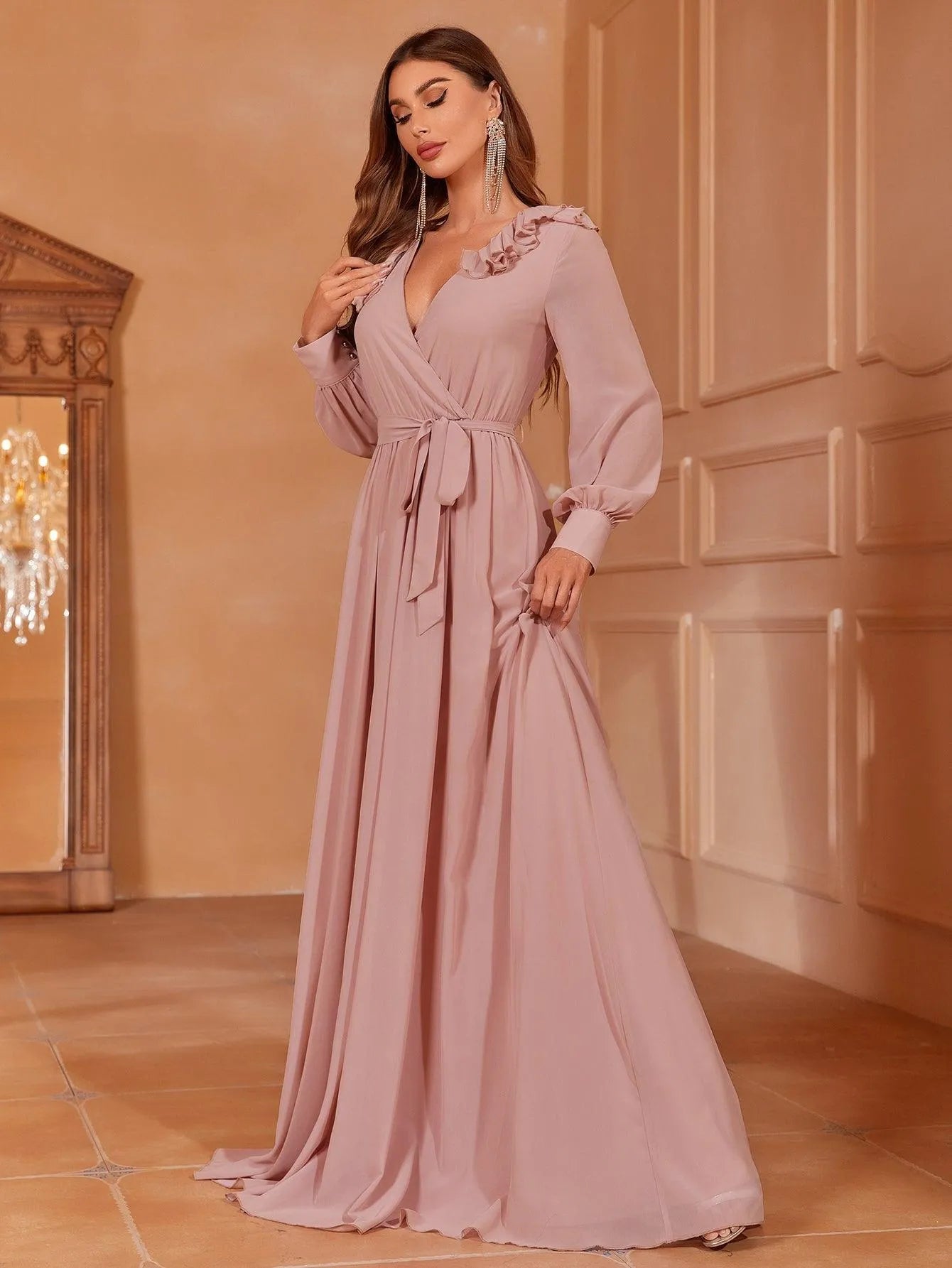 Solid Bishop Sleeves Chiffon Belted Dress - Elonnashop