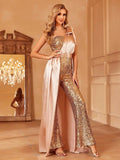 One Shoulder Sleeveless Satin Overlay Sequin Jumpsuit - Elonnashop