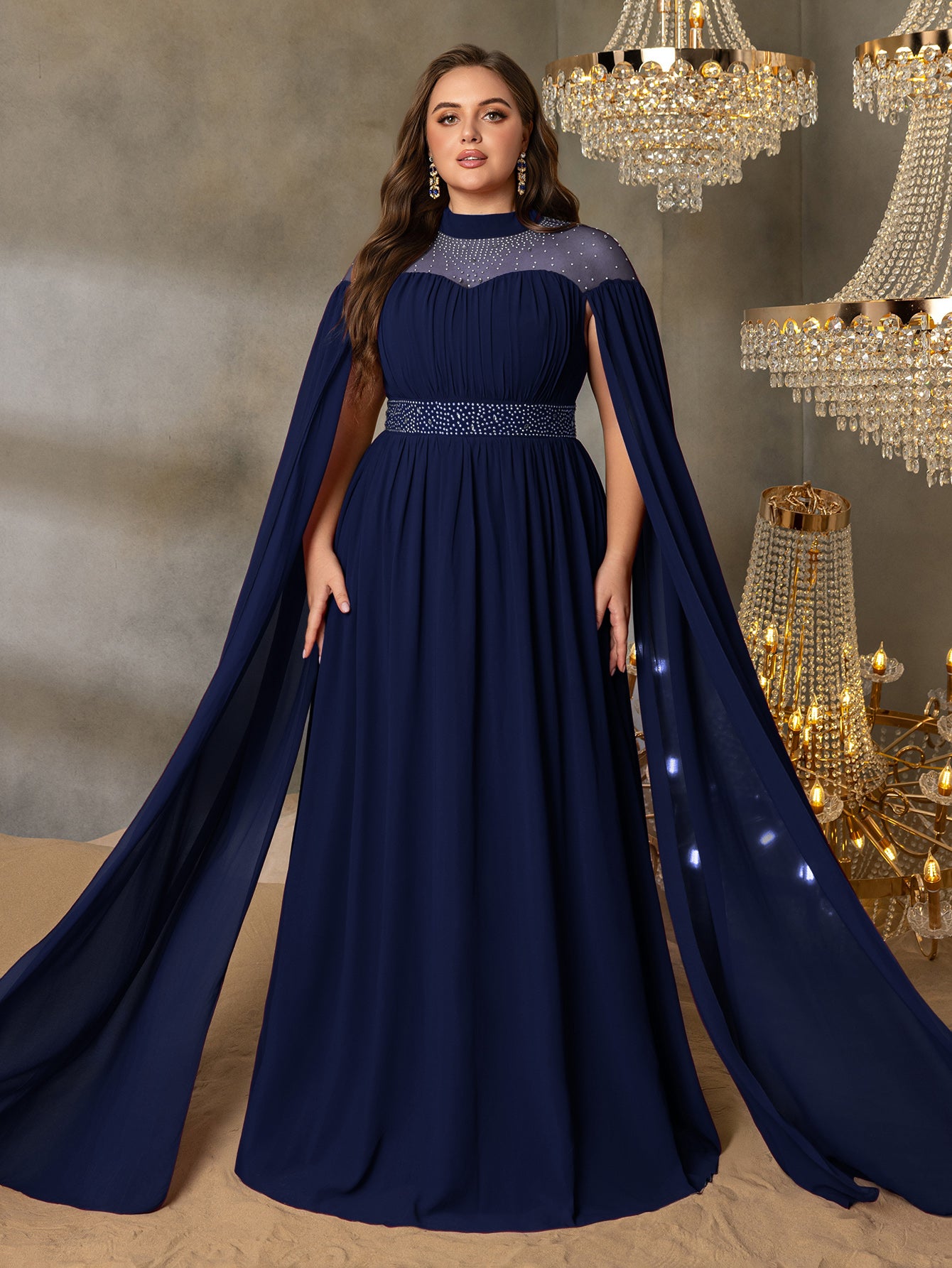 Plus Dramatic Cape Evening Dress | High Neck Chiffon with Rhinestone Details