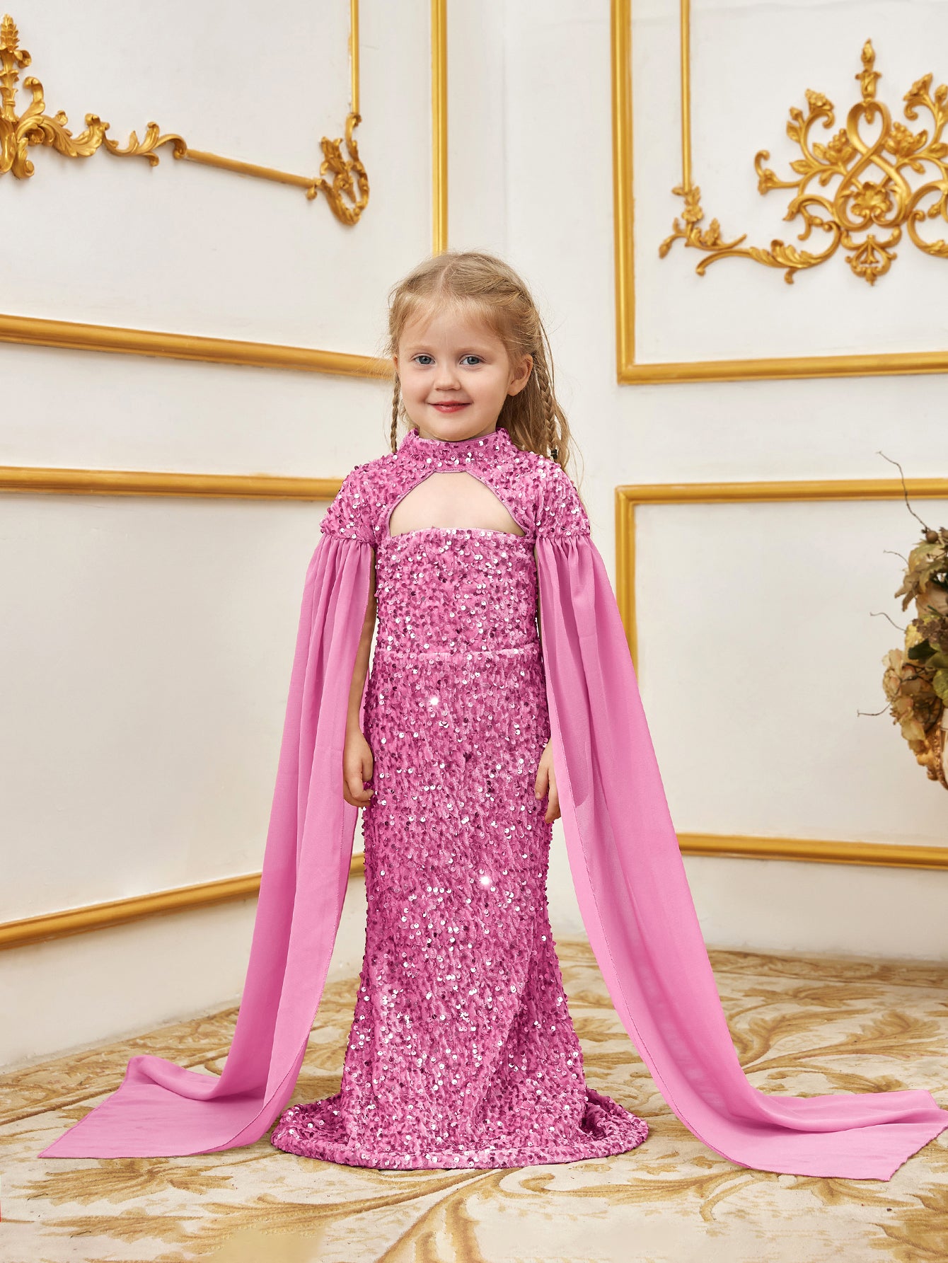 Young Girls' Mock Neck Cape Sleeves Sequin Party Dress