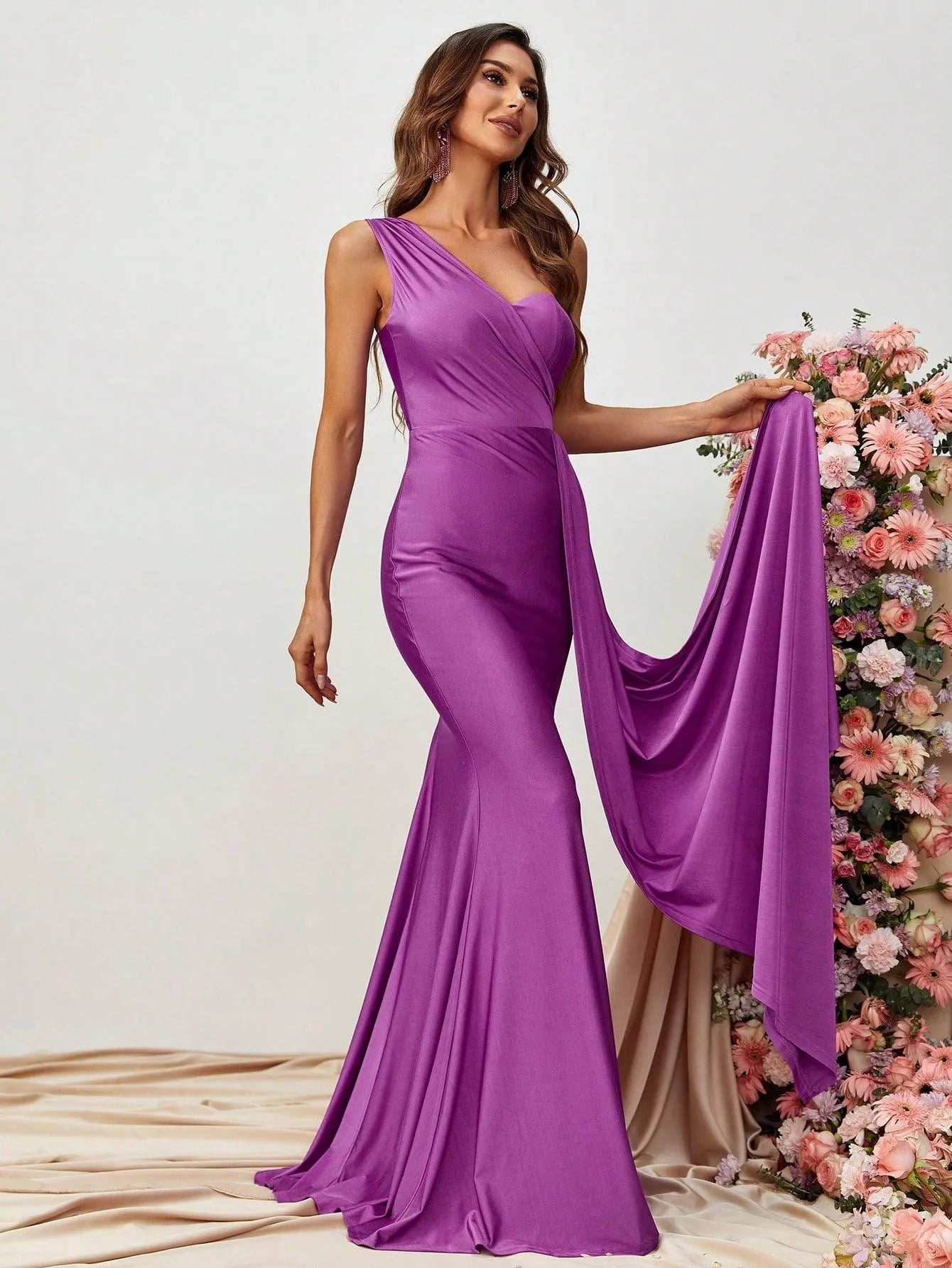 One Shoulder Draped Side Split Thigh Formal Dress - Elonnashop