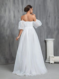 Off Shoulder Pleated Front Puff Sleeve Wedding Dresses - Elonnashop