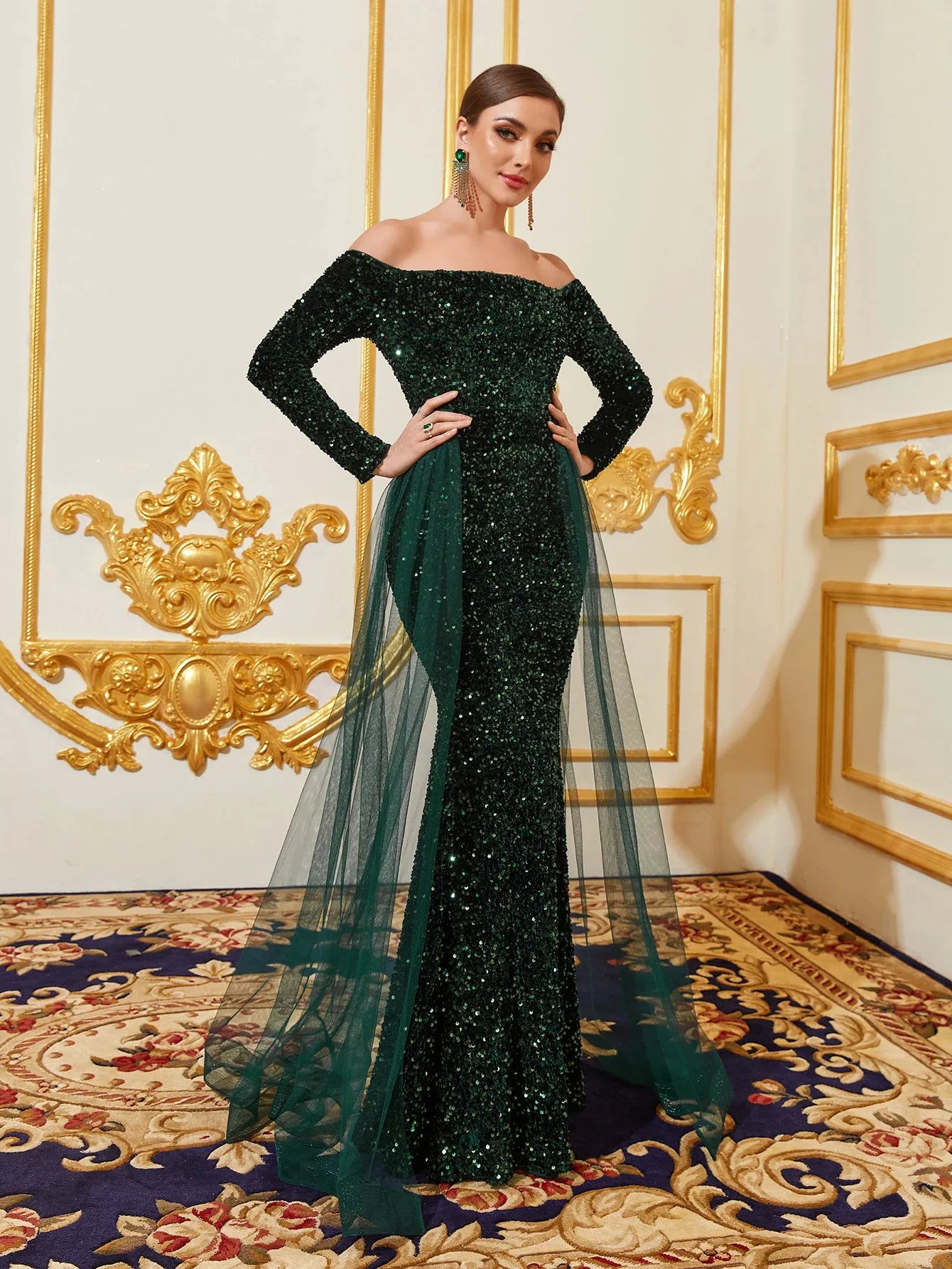 Elegant Off Shoulder Lone Sleeves Mesh Overlay Sequin Evening Dress