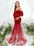 Maternity Puff Sleeve Mermaid Hem Velvet Cami Dress - Elonnashop