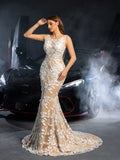 Elegant Boat Neck Backless Mermaid Hem Lace Maxi Wedding Dress