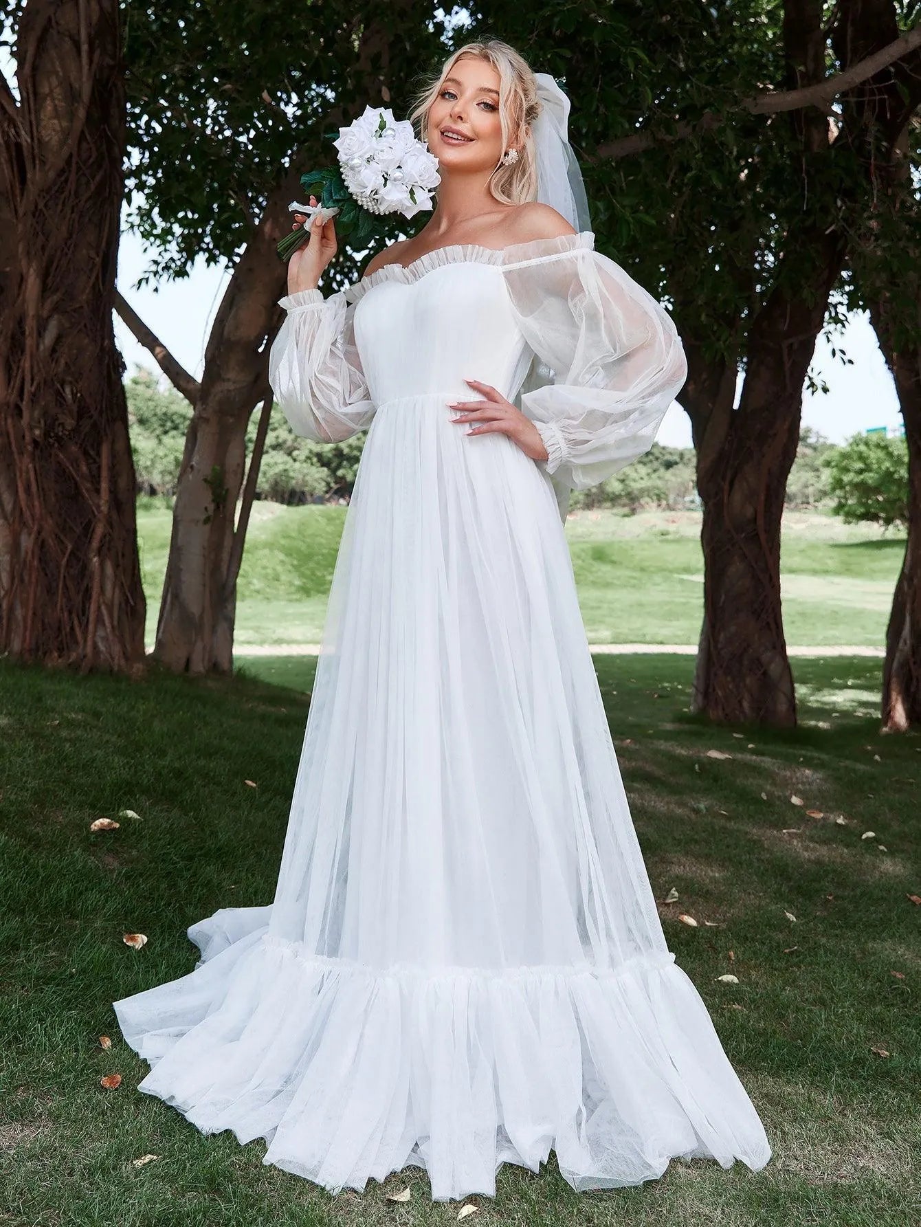 Off Shoulder Lantern Sleeve Mesh Wedding Dress - Elonnashop