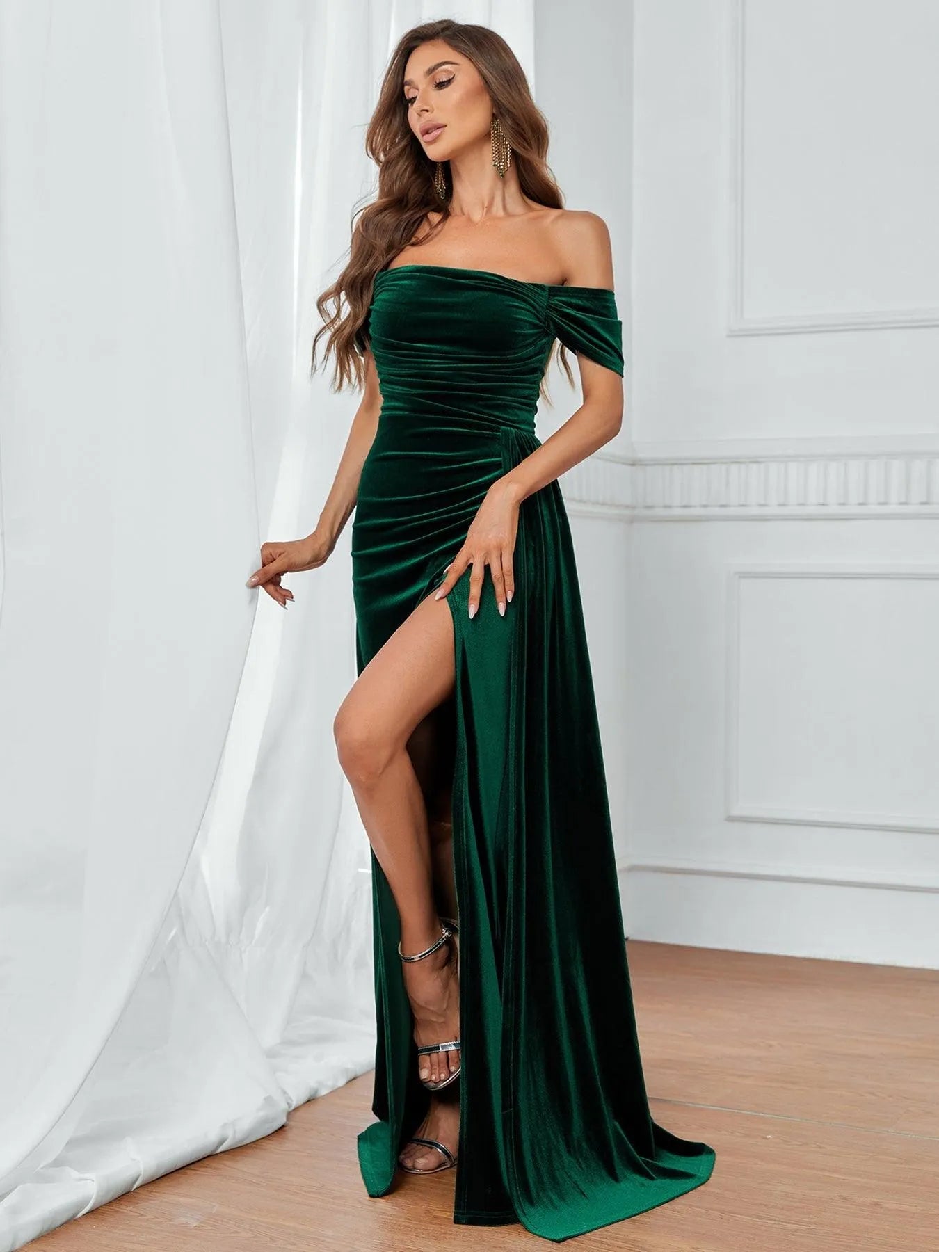 Off Shoulder Ruched Front Draped Side Velvet Party Dress - Elonnashop