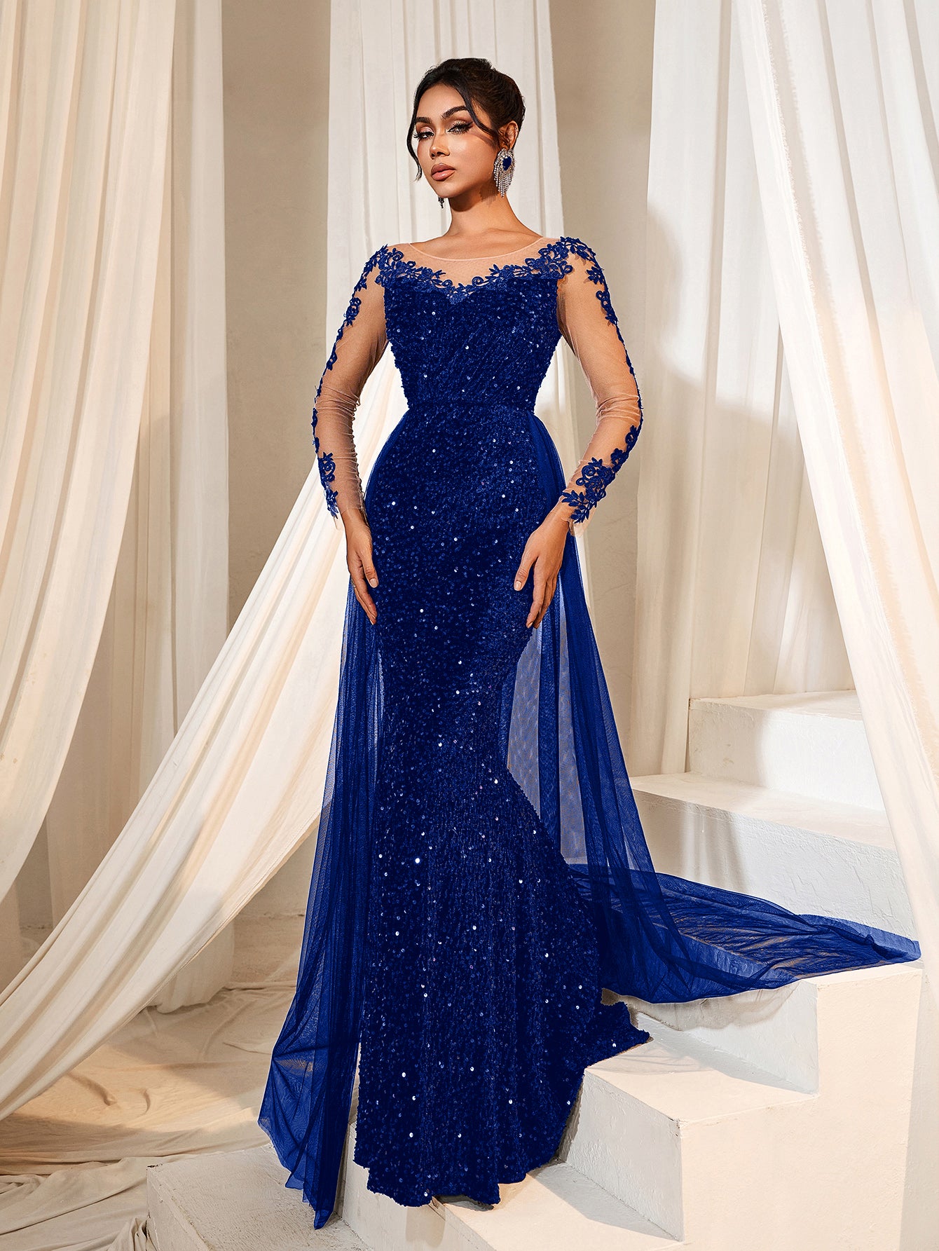 Elegant Sheer Sleeves Mesh Train Sequin Evening Dress