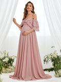 Maternity Off Shoulder Ruched Bust Layered Sleeves Chiffon Dress - Elonnashop