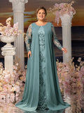 Plus Womens' Elegant Lace Mermaid Gown - Sheer Sleeves & Intricate Lace Patterns with Chiffon Overlay for Beach Weddings, Romantic Coastal Events