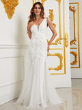 V-Neck Gown with Floral Appliqué Overlay - Elonnashop