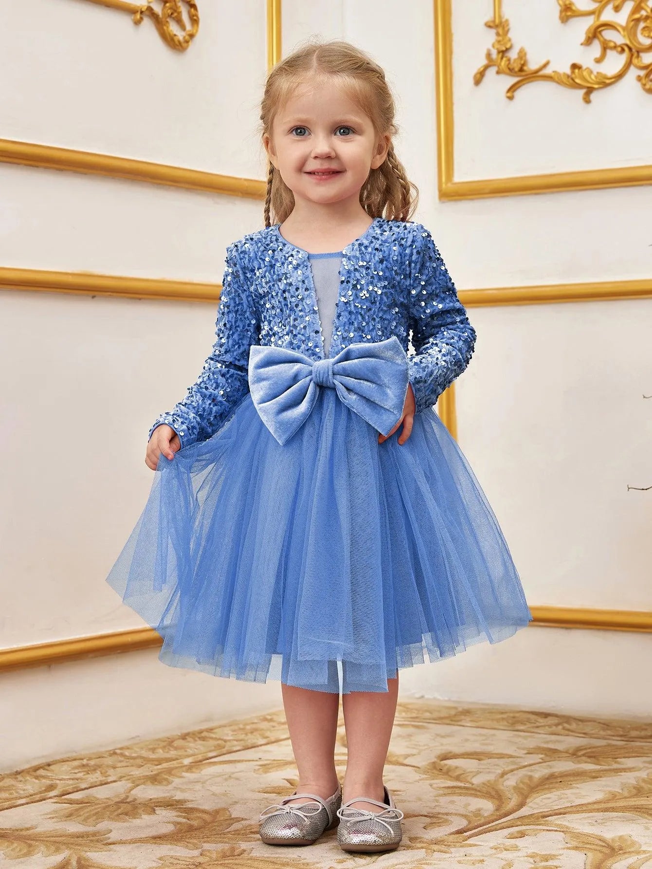 Young Girls' Cute Bow Front Long Sleeve Party Dress - Elonnashop