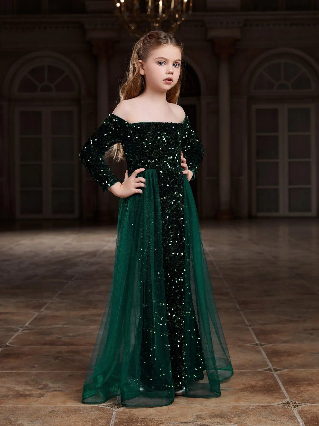 Tween Girls' Off Shoulder Long Sleeves Sequin Mermaid Dress - Elonnashop