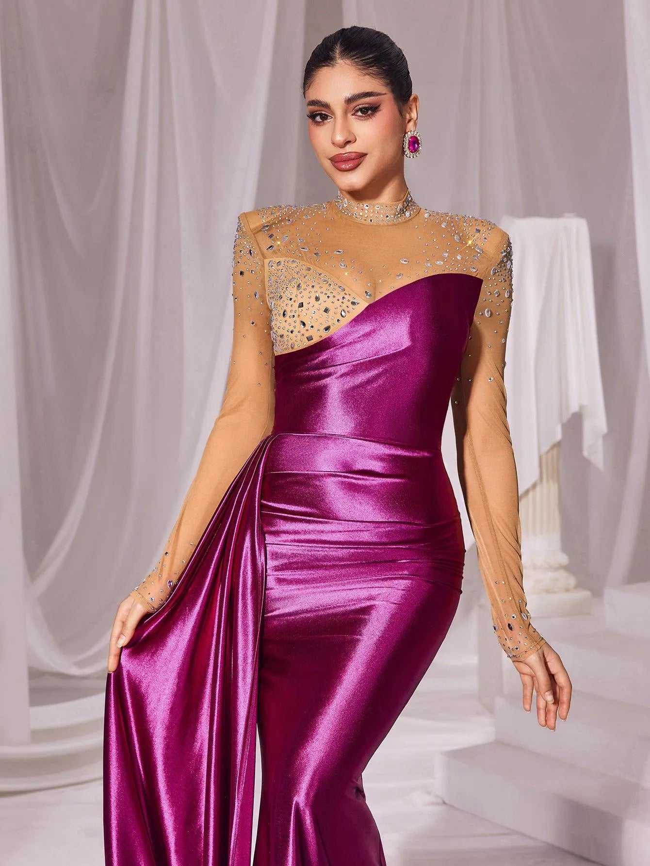 Rhinestone Detail Mock Neck Satin Mermaid Prom Dress - Elonnashop