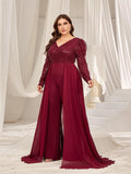 Plus V Neck Gigot Sleeves Sequin Prom Jumpsuit - Elonnashop