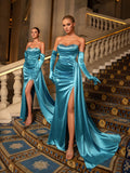 Elegant Rhinestone Detail Split Satin Formal Party Tube Dress （Gloves Included）