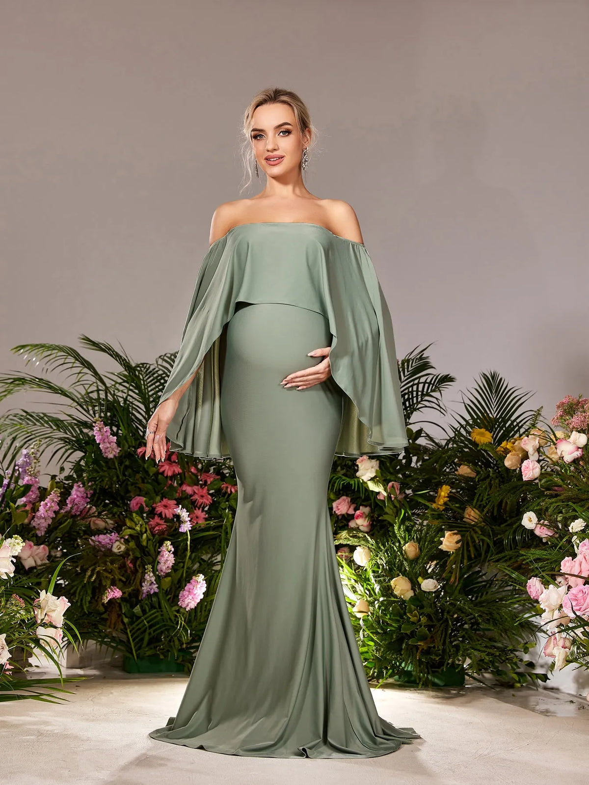 Maternity Off Shoulder Cape Sleeves Mermaid Hem Evening Dress