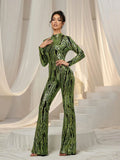 Elegant Mock Neck Long Sleeves Graphic Sequin Jumpsuit - Elonnashop