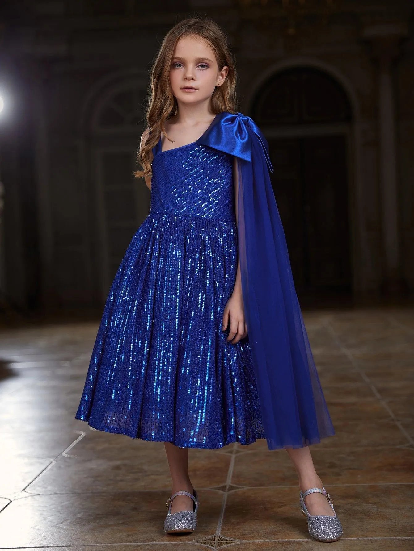 Tween Girls' Bow Detail Draped Side Sequin Midi Dress - Elonnashop