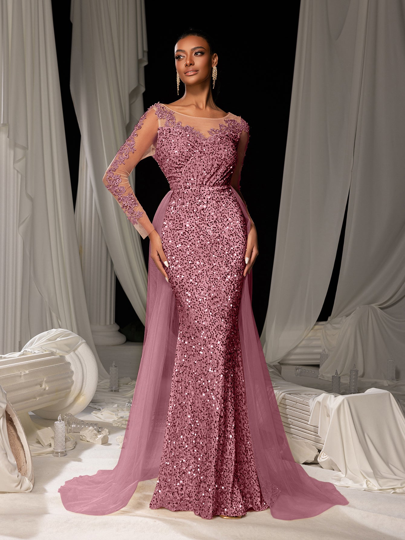 Elegant Sheer Sleeves Mesh Train Sequin Evening Dress