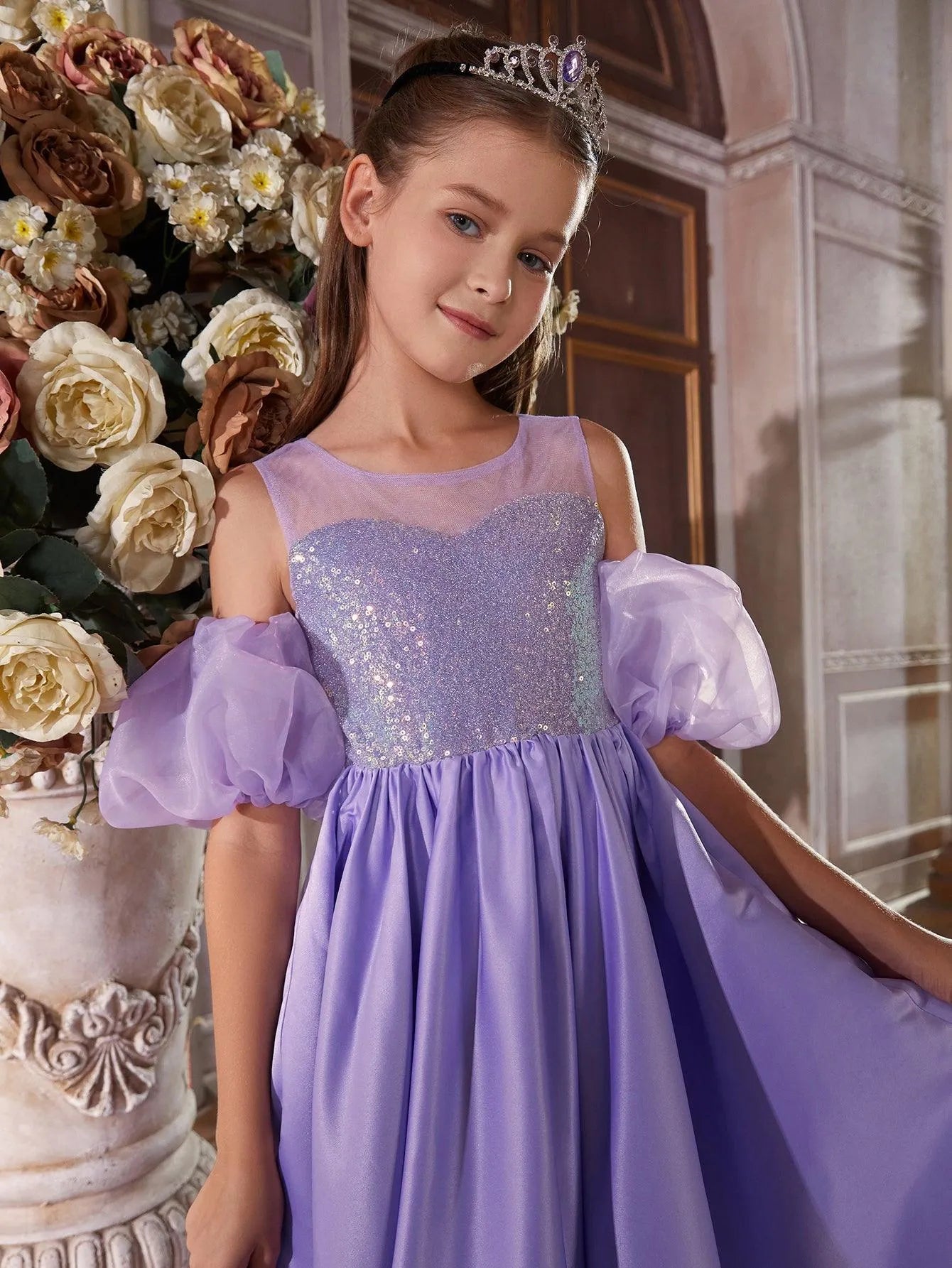 Tween Girls' Puff Sleeve Sequin Contrast Satin Dress - Elonnashop