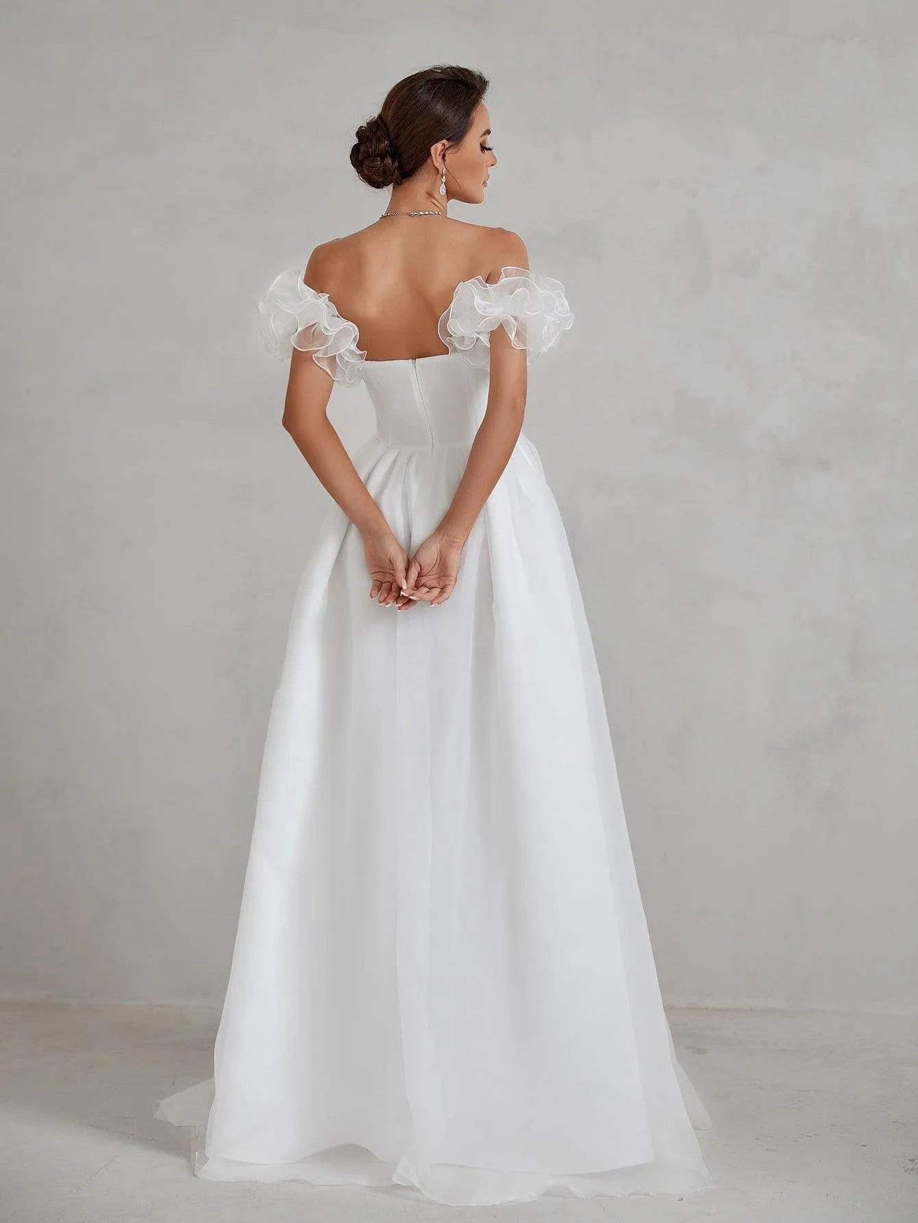 Ruffle Sleeve Organza Tube Wedding Dress - Elonnashop