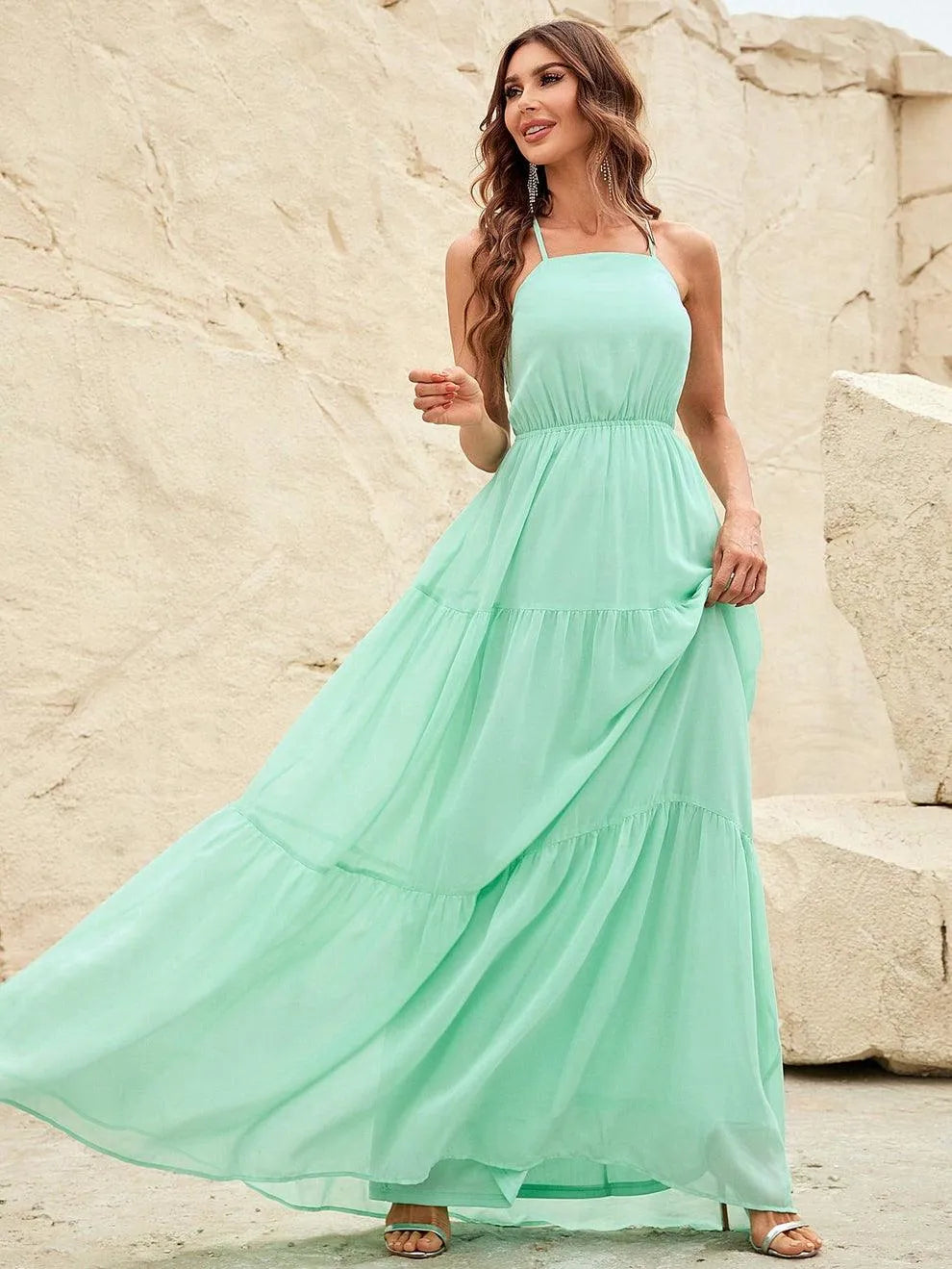 Back Lace Up Chiffon Tiered Maxi Dress - Elonnashop