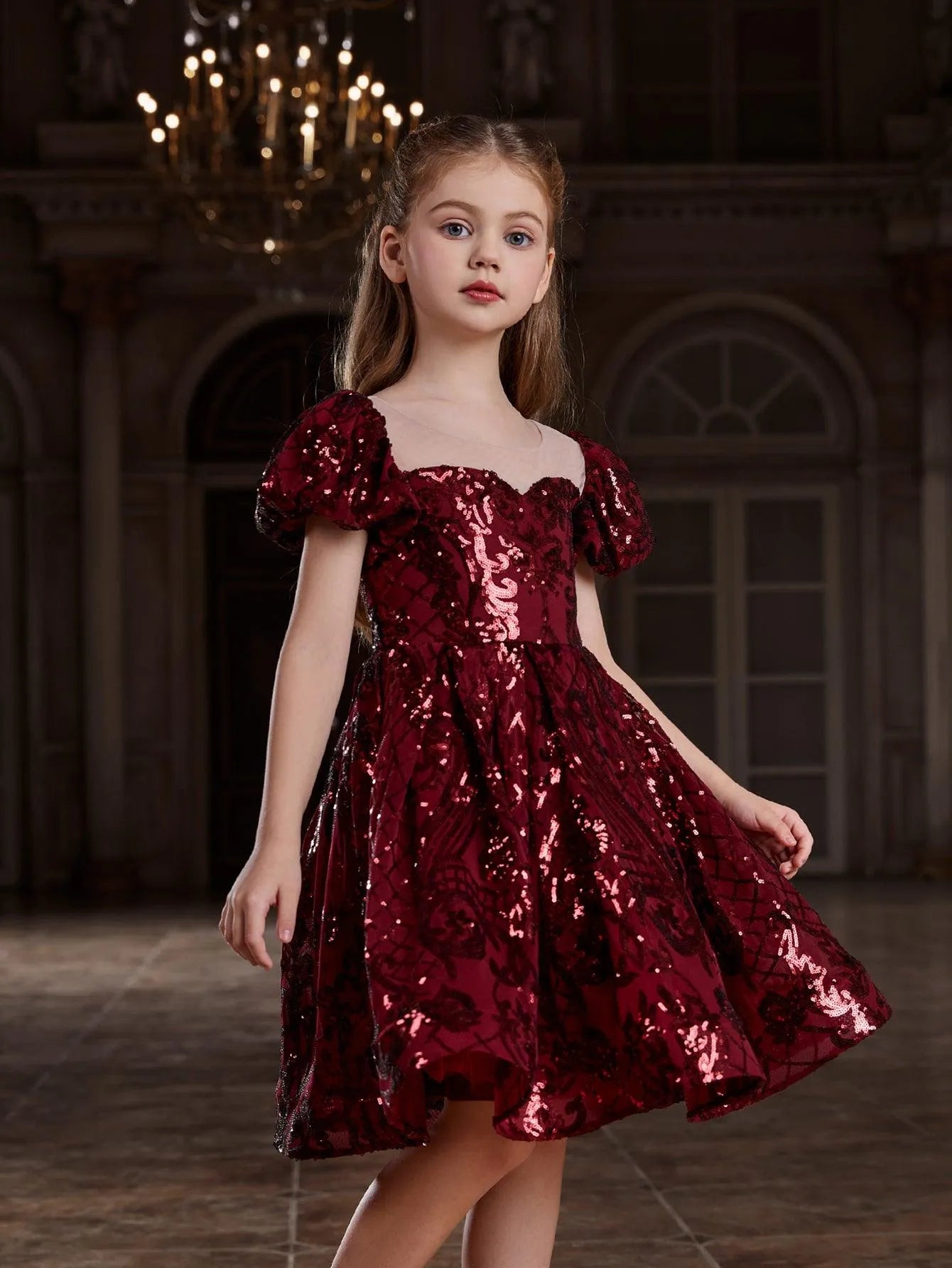 Tween Girls' Graphic Sequin Puff Sleeves Party Dress - Elonnashop