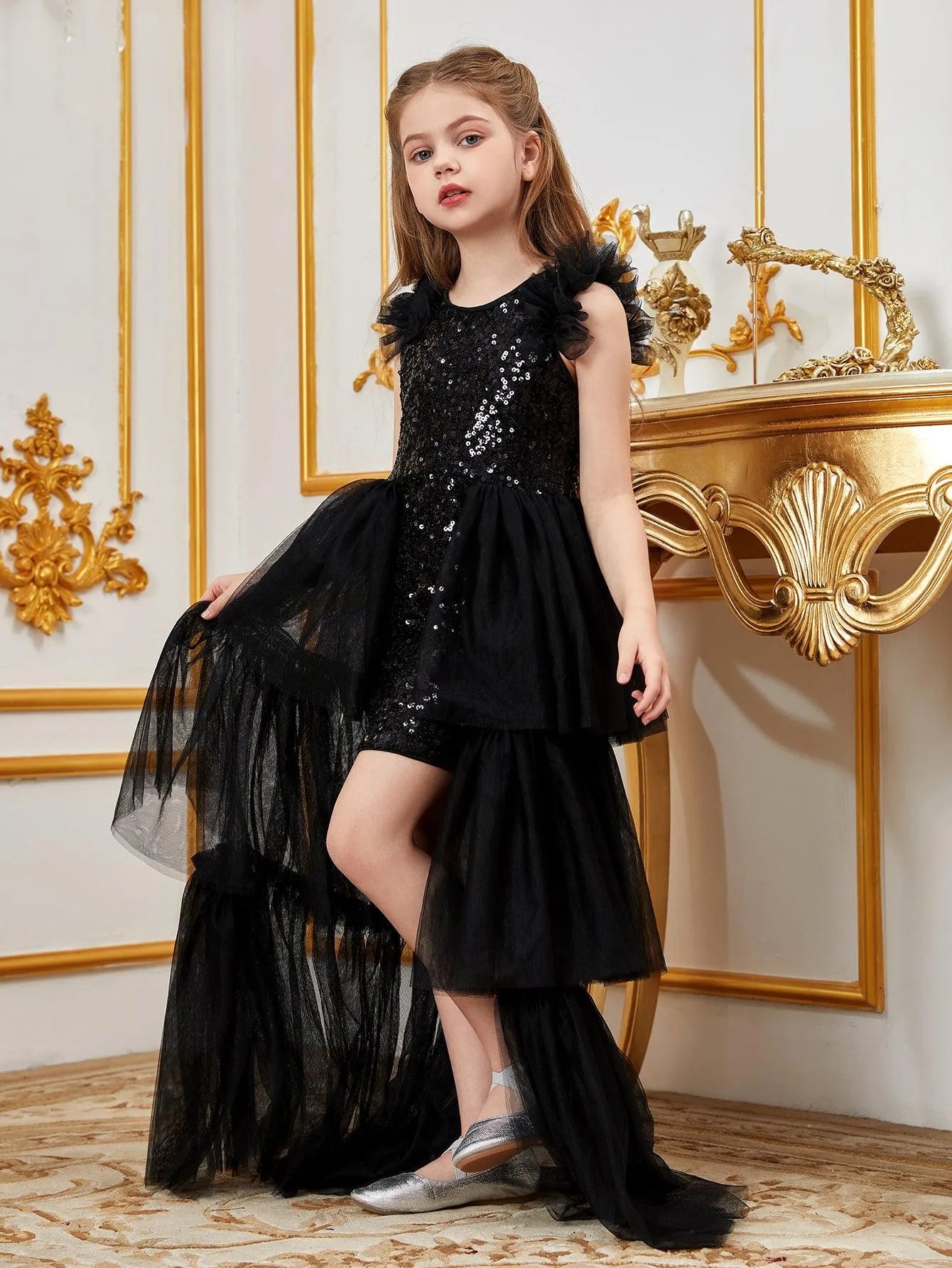 Tween Girls' Sleeveless Mesh Layered Hem Sequin Party Dress - Elonnashop