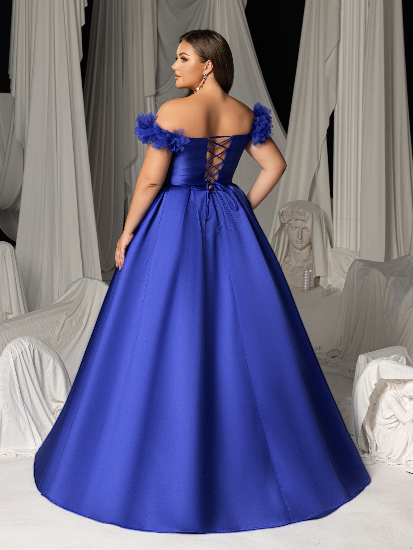 Plus Off-Shoulder Evening Gown with 3D Floral Appliqué | High Thigh Slit & Laced Back