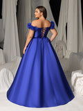Plus Off-Shoulder Evening Gown with 3D Floral Appliqué | High Thigh Slit & Laced Back