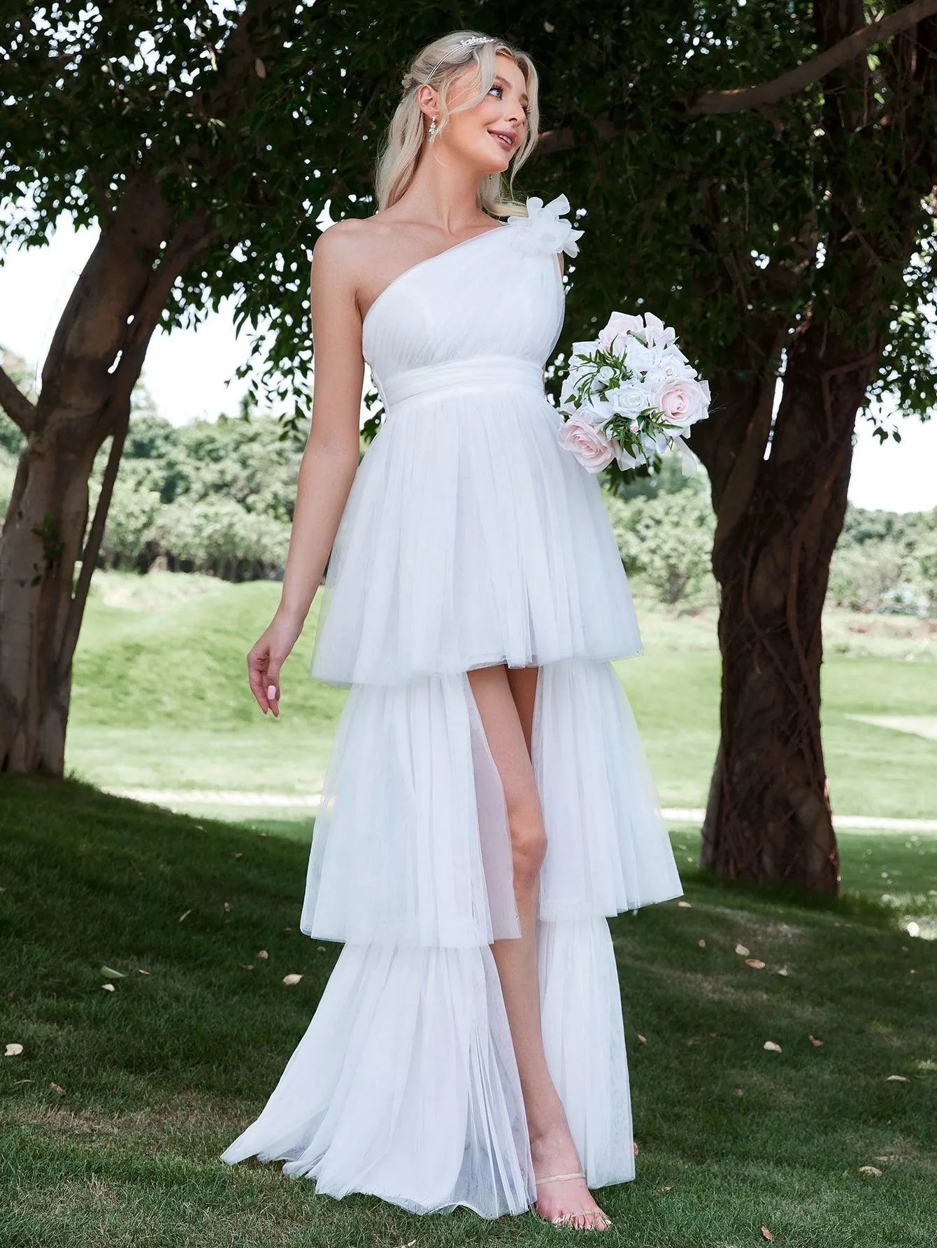 One Shoulder Layered Tulle Hem Wedding Dresses - Elonnashop