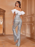 Ruffle Trim Off Shoulder Sequin Party Jumpsuit - Elonnashop