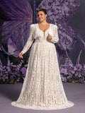 Plus Elegant Plunging Neck Lace Wedding Dress Two Pieces Set